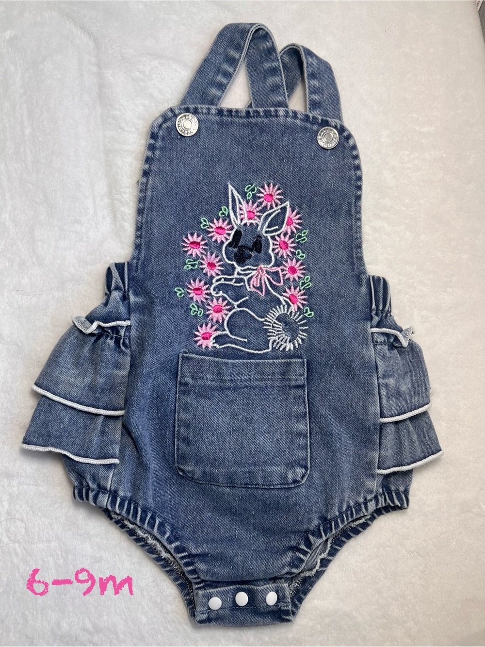 Denim Baby Romper with Embroidered Bunny - Blue